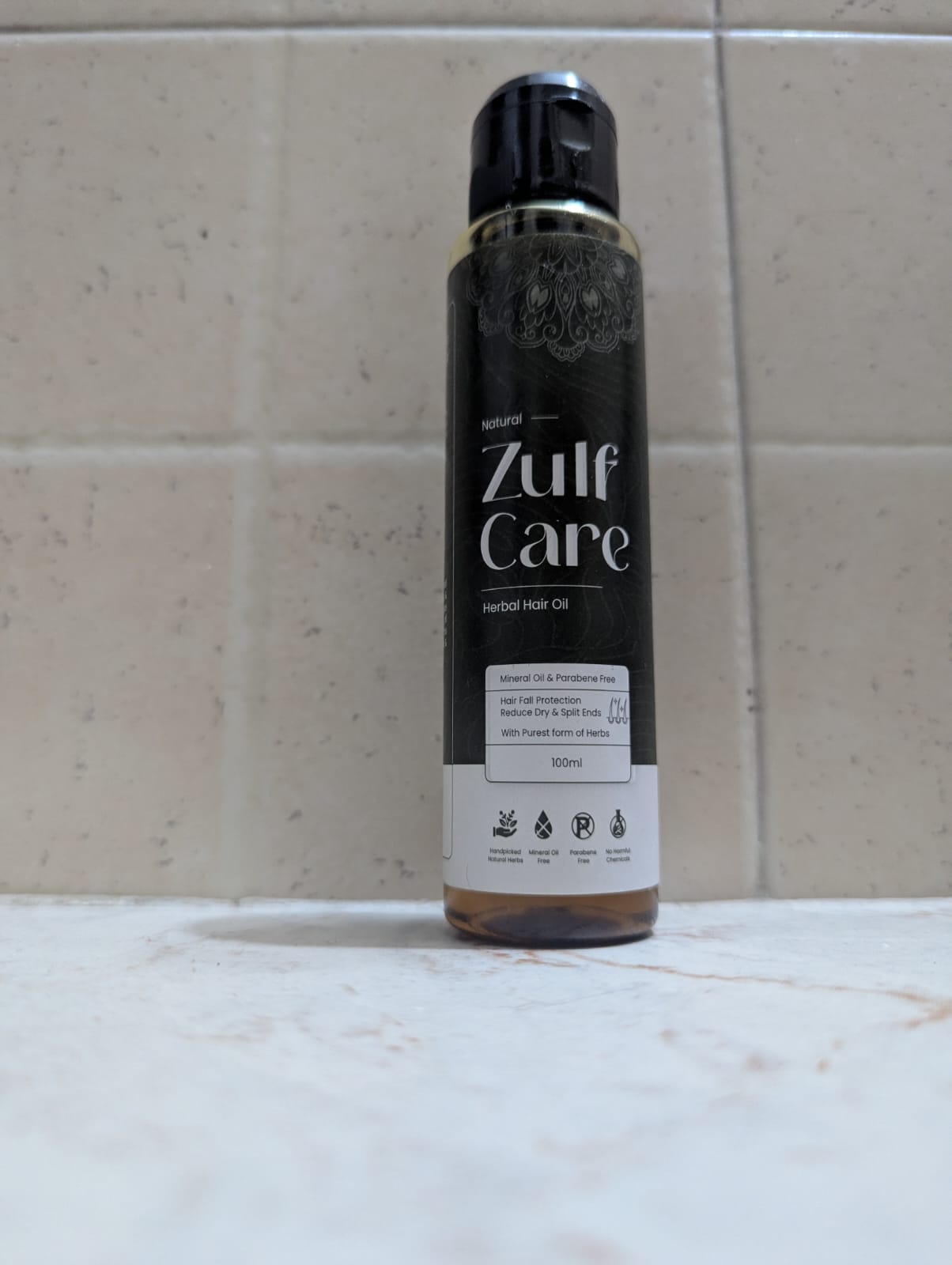 Zulf Care herbal hair oil bottle, 100ml, mineral oil and paraben free