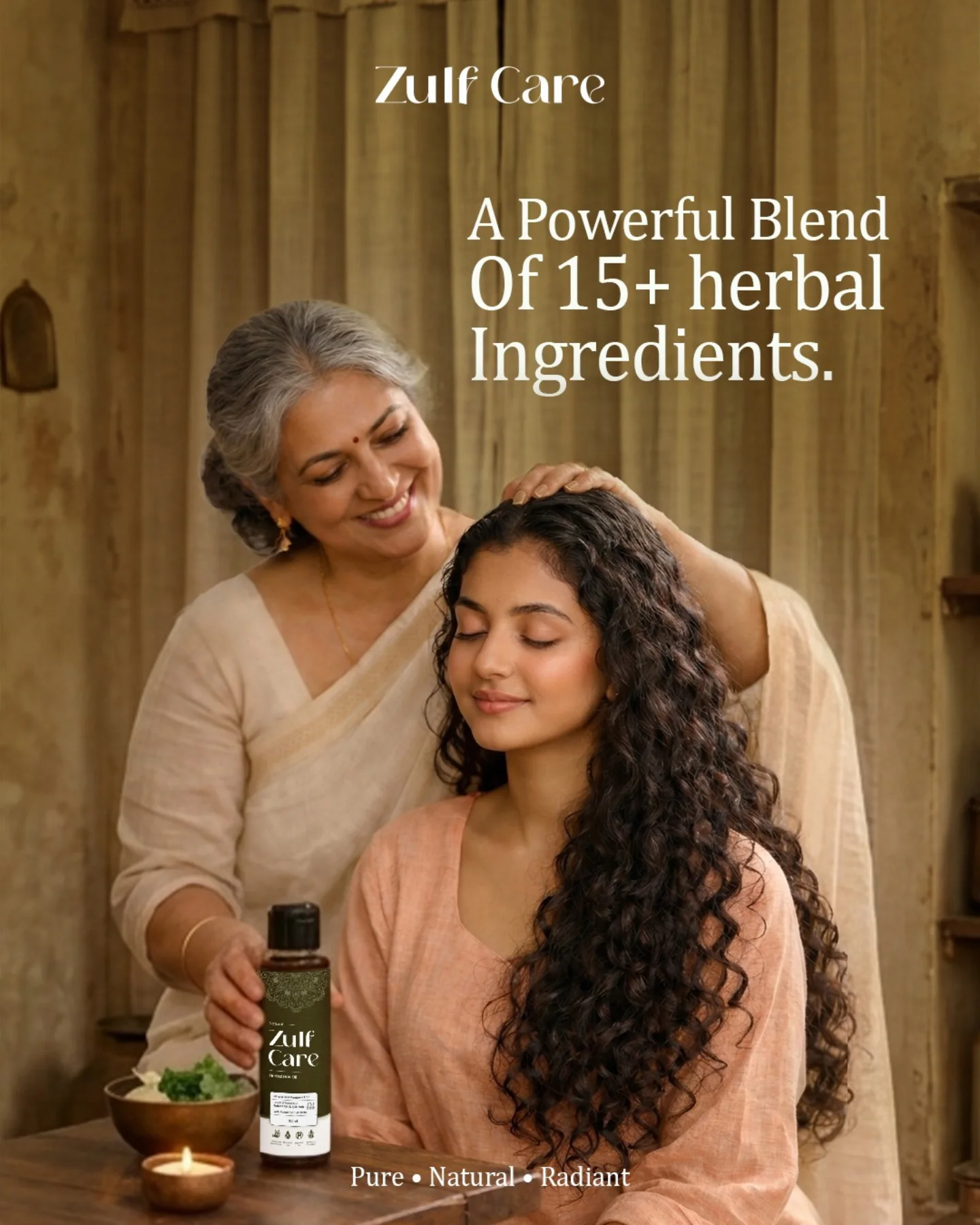 Mother gently oiling her daughter's long curly hair with Zulf Care