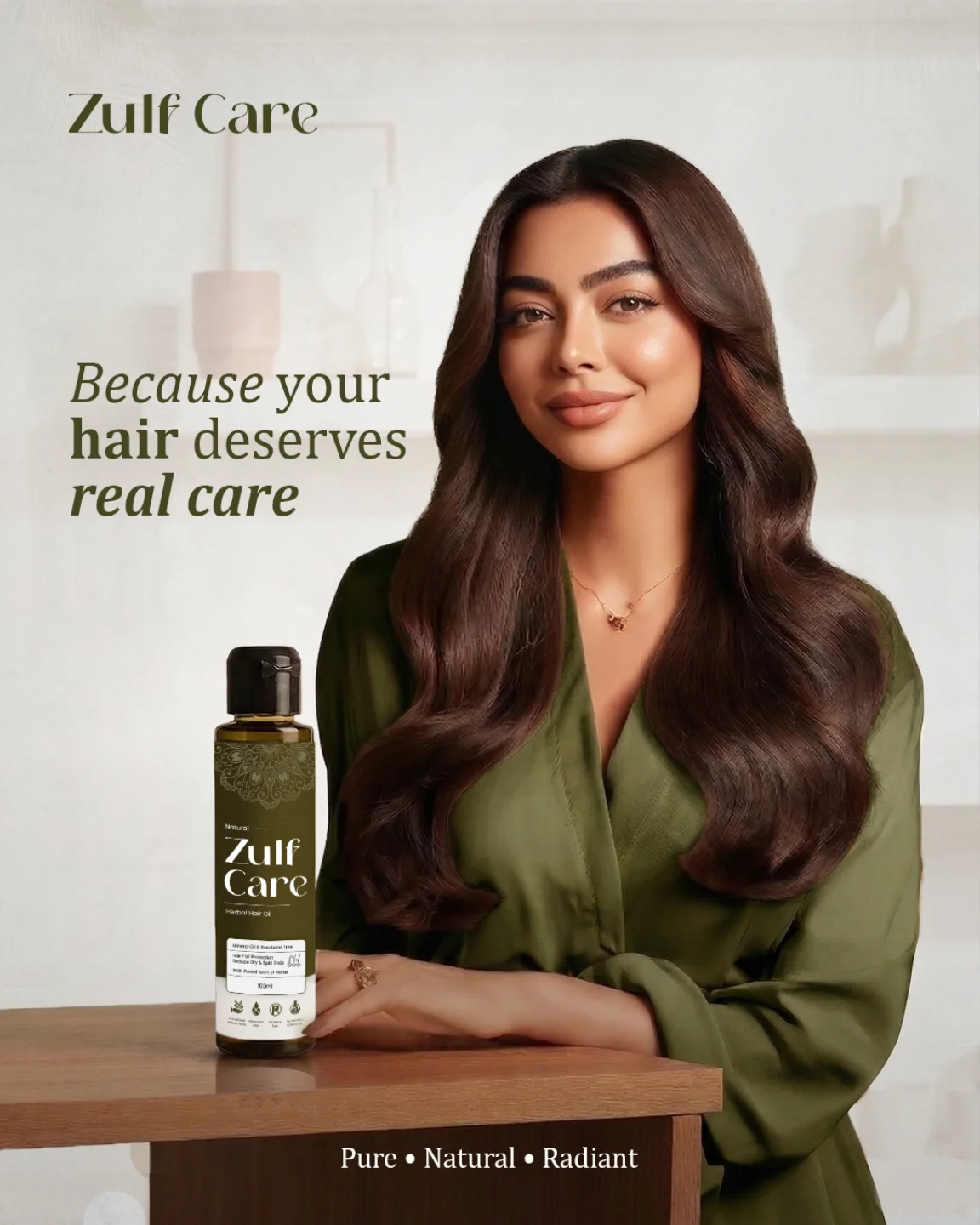 Woman with long radiant hair holding a bottle of Zulf Care herbal hair oil